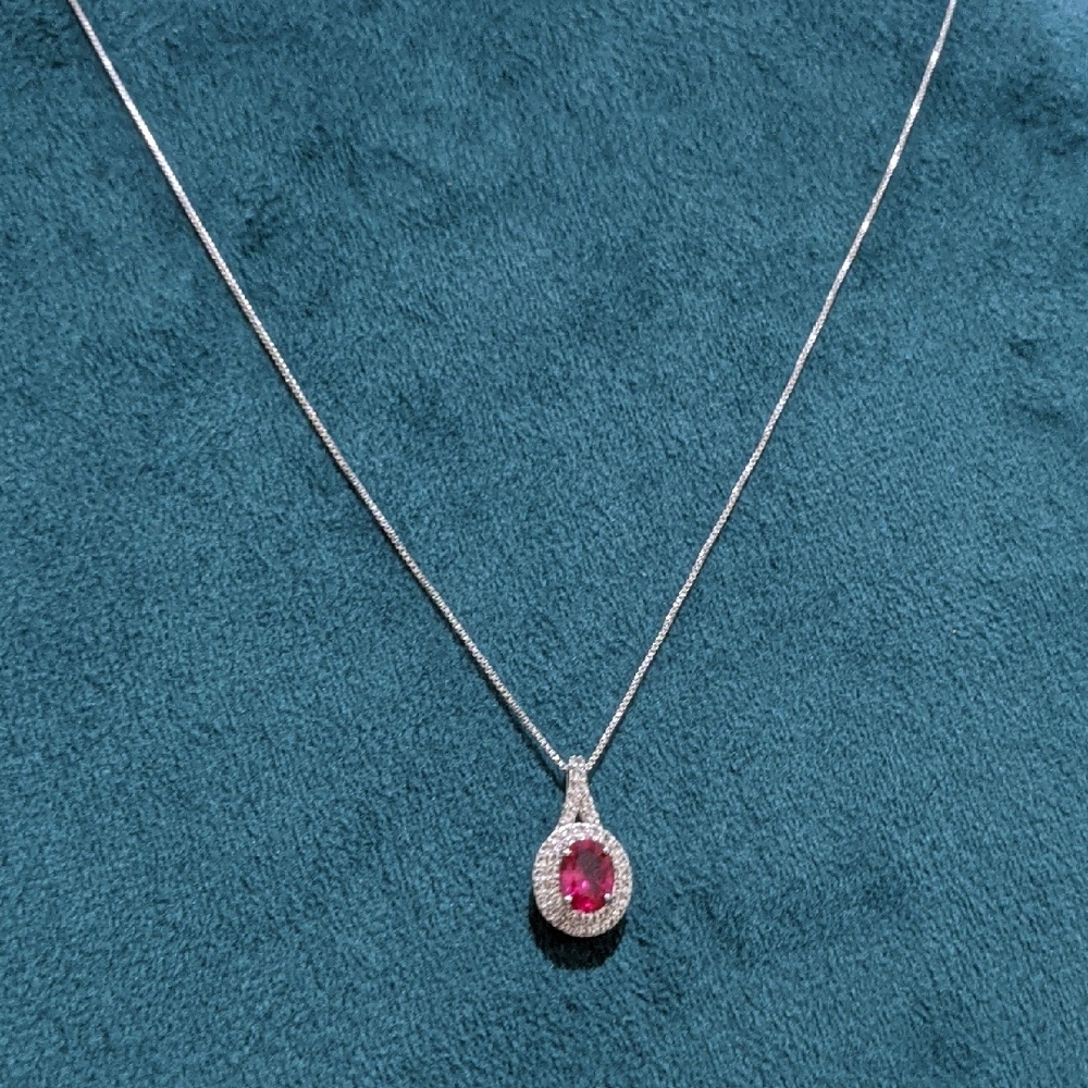 Elegant Silver Ruby And White Sapphire Pendant Necklace